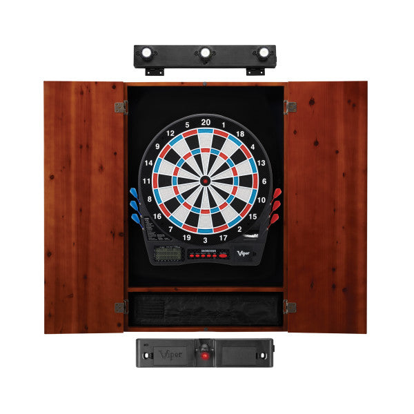 Viper Showdown Electronic Dartboard, Metropolitan Cinnamon Cabinet, Throw Line Light & Shadow Buster Dartboard Light Bundle