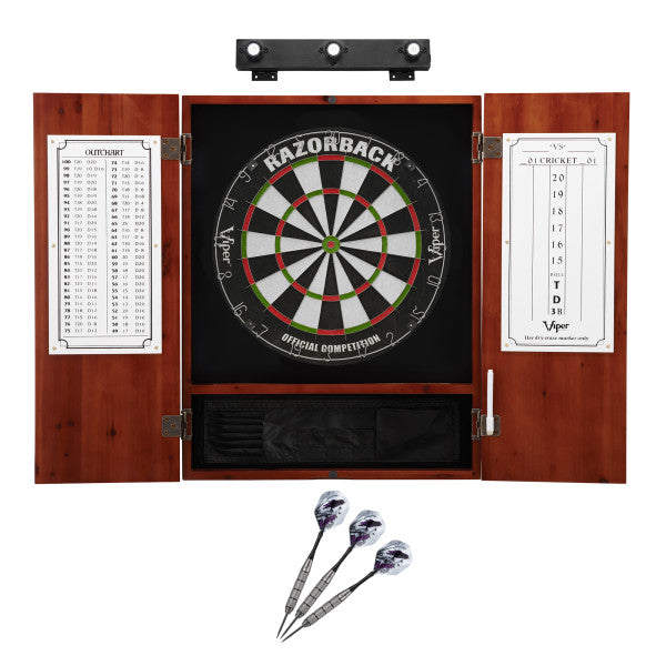 Viper Razorback Sisal Dartboard, Metropolitan Cinnamon Cabinet, Underground The Raven Steel Tip Darts & Shadow Buster Dartboard Lights