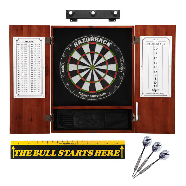 Viper Razorback Sisal Dartboard, Viper Underground Raven Steel Tip Darts 25 Grams, Metropolitan Cinnamon Cabinet, Shadow Buster Dartboard Lights & 