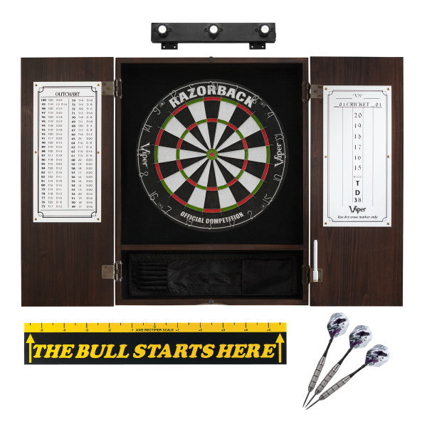 Viper Razorback Sisal Dartboard, Viper Underground Raven Steel Tip Darts 25 Grams, Metropolitan Espresso Cabinet, Shadow Buster Dartboard Lights & 