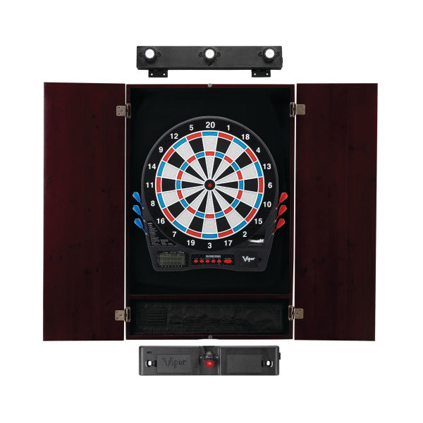 Viper Showdown Electronic Dartboard, Metropolitan Mahogany Cabinet, Throw Line Light Marker & Shadow Buster Dartboard Lights