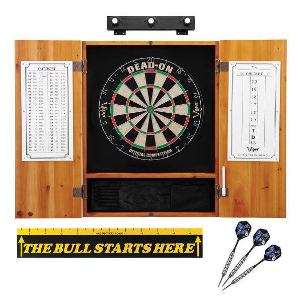 Viper Dead On Sisal Dartboard, Metropolitan Oak Cabinet, Shadow Buster Dartboard Lights & 