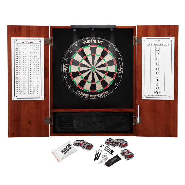 Viper Metropolitan Cinnamon Steel Tip Dartboard Cabinet, Viper Shot King Bristle Dartboard, Viper Shadow Buster Dartboard Lights, and Fat Cat Steel Tip Accessory Value Pack