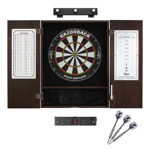 Viper Razorback Sisal Dartboard, Metropolitan Espresso Cabinet, Shadow Buster Dartboard Lights & Throw Line Light Marker