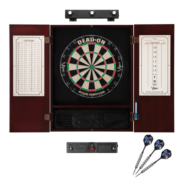 Viper Dead On Sisal Dartboard, Metropolitan Mahogany Cabinet, Padded Dart Mat & Throw Line Light Marker