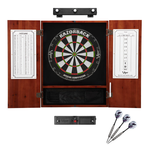 Viper Razorback Sisal Dartboard, Metropolitan Cinnamon Cabinet, Shadow Buster Dartboard Lights & Throw Line Light Marker