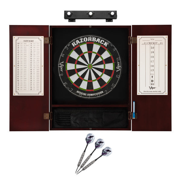 Viper Razorback Sisal Dartboard, Metropolitan Mahogany Cabinet, Underground The Raven Steel Tip Darts & Shadow Buster Dartboard Lights