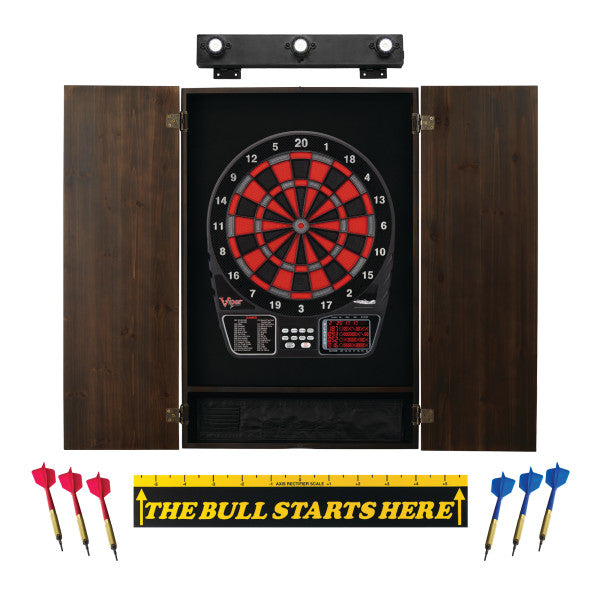 Viper 797 Electronic Dartboard, Metropolitan Espresso Cabinet, Throw Line Marker & Shadow Buster Dartboard Light Bundle