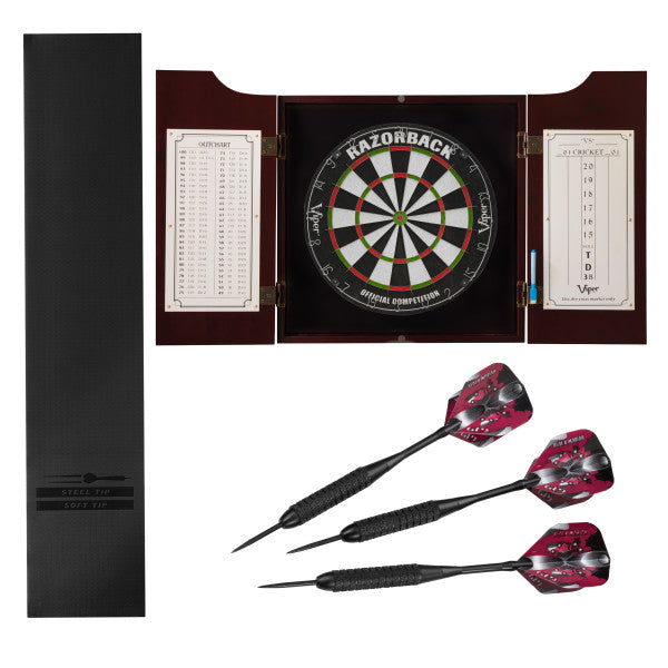 Viper Razorback Sisal Dartboard, Hudson Mahogany Cabinet, Padded Dart Mat & Black Mariah Steel Tip Darts