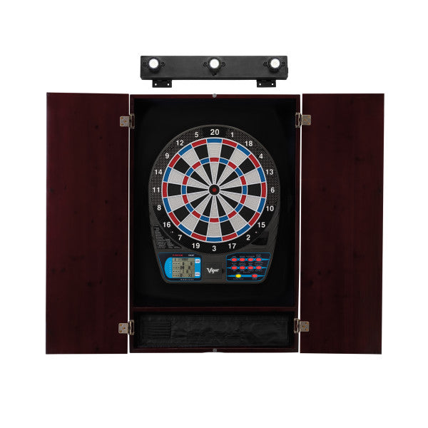 Viper 787 Electronic Dartboard, Metropolitan Mahogany Cabinet & Shadow Buster Dartboard Lights