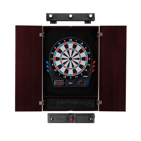 Viper 777 Electronic Dartboard, Metropolitan Mahogany Cabinet, Throw Line Light Marker & Shadow Buster Dartboard Lights