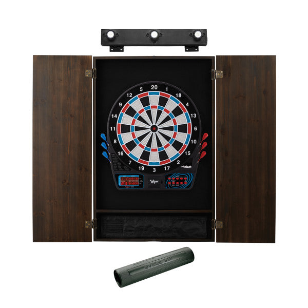 Viper 777 Electronic Dartboard, Metropolitan Espresso Cabinet, Dart Mat & Shadow Buster Dartboard Light Bundle