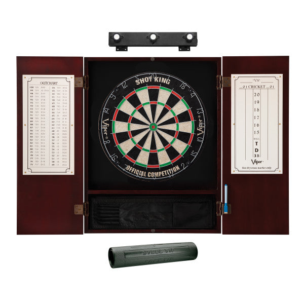 Viper Shot King Sisal Dartboard, Metropolitan Mahogany Cabinet, Shadow Buster Dartboard Lights & Padded Dart Mat