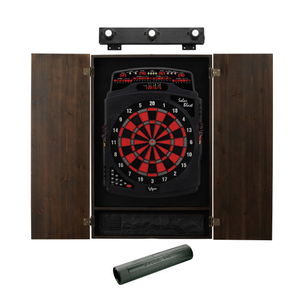 Viper Solar Blast Electronic Dartboard, Metropolitan Espresso Cabinet, Dart Mat & Shadow Buster Dartboard Light Bundle