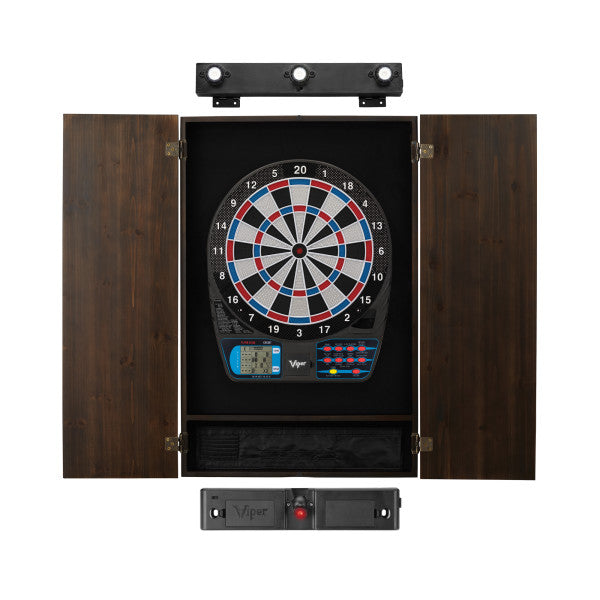 Viper 787 Electronic Dartboard, Metropolitan Espresso Cabinet, Throw Line Light & Shadow Buster Dartboard Light Bundle