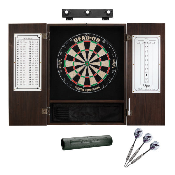 Viper Dead On Sisal Dartboard, Metropolitan Espresso Cabinet, Shadow Buster Dartboard Lights & Padded Dart Mat