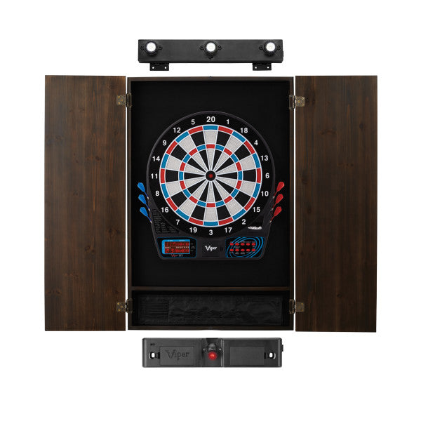 Viper 777 Electronic Dartboard, Metropolitan Espresso Cabinet, Throw Line Light & Shadow Buster Dartboard Light Bundle