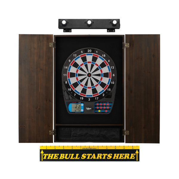 Viper 787 Electronic Dartboard, Metropolitan Espresso Cabinet, Throw Line Marker & Shadow Buster Dartboard Light Bundle