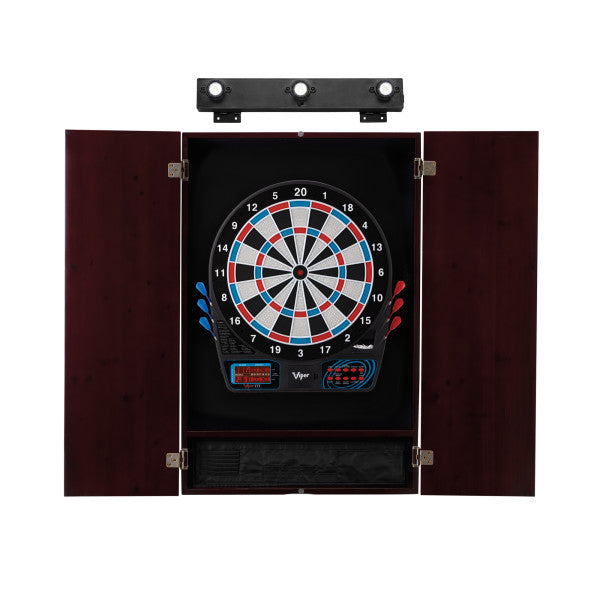 Viper 777 Electronic Dartboard, Metropolitan Mahogany Cabinet & Shadow Buster Dartboard Lights