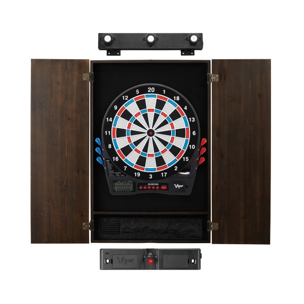 Viper Showdown Electronic Dartboard, Metropolitan Espresso Cabinet, Throw Line Light & Shadow Buster Dartboard Light Bundle