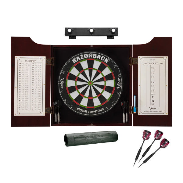 Viper Razorback Sisal Dartboard, Hudson Cabinet, Dart Mat, Black Mariah Steel Tip Darts & Shadow Buster Dartboard Light Bundle