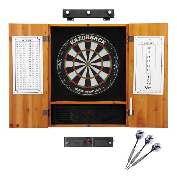 Viper Razorback Sisal Dartboard, Metropolitan Oak Cabinet, Shadow Buster Dartboard Lights & Throw Line Light Marker