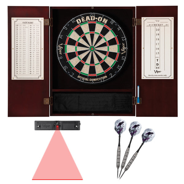 Viper Metropolitan Mahogany Steel Tip Dartboard Cabinet, Viper Dead-On Bristle Dartboard, Viper Underground Raven Steel Tip Darts 25 Grams, and Throw Line Light