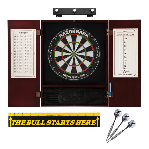 Viper Razorback Sisal Dartboard, Viper Underground Raven Steel Tip Darts 25 Grams, Metropolitan Mahogany Cabinet, Shadow Buster Dartboard Lights & 