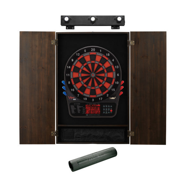 Viper 800 Electronic Dartboard, Metropolitan Espresso Cabinet, Dart Mat & Shadow Buster Dartboard Light Bundle