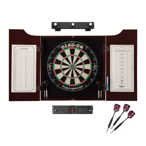 Viper Dead On Sisal Dartboard, Hudson Cabinet, Throw Line Light, Black Mariah Steel Tip Darts & Shadow Buster Dartboard Light Bundle