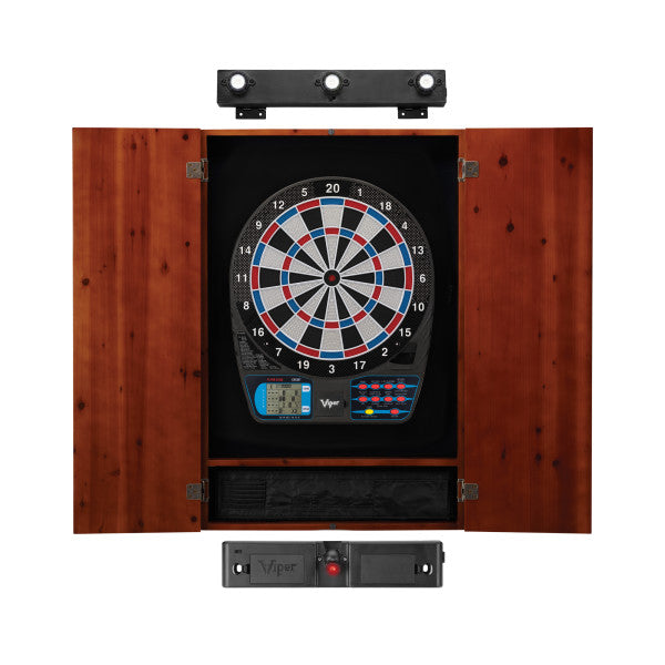 Viper 787 Electronic Dartboard, Metropolitan Cinnamon Cabinet, Throw Line Light & Shadow Buster Dartboard Light Bundle