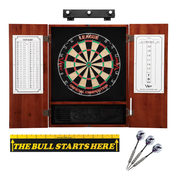 Viper League Sisal Dartboard, Metropolitan Cinnamon Cabinet, Shadow Buster Dartboard Lights & 