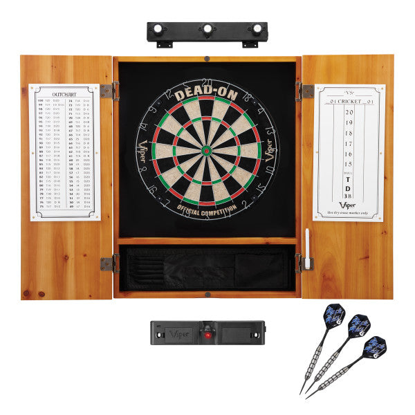 Viper Dead On Sisal Dartboard, Metropolitan Oak Cabinet, Shadow Buster Dartboard Lights & Throw Line Light Marker