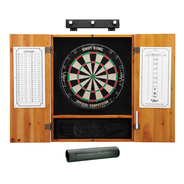 Viper Shot King Sisal Dartboard, Metropolitan Oak Cabinet, Shadow Buster Dartboard Lights & Padded Dart Mat