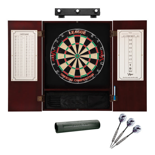 Viper League Sisal Dartboard, Metropolitan Mahogany Cabinet, Shadow Buster Dartboard Lights & Padded Dart Mat