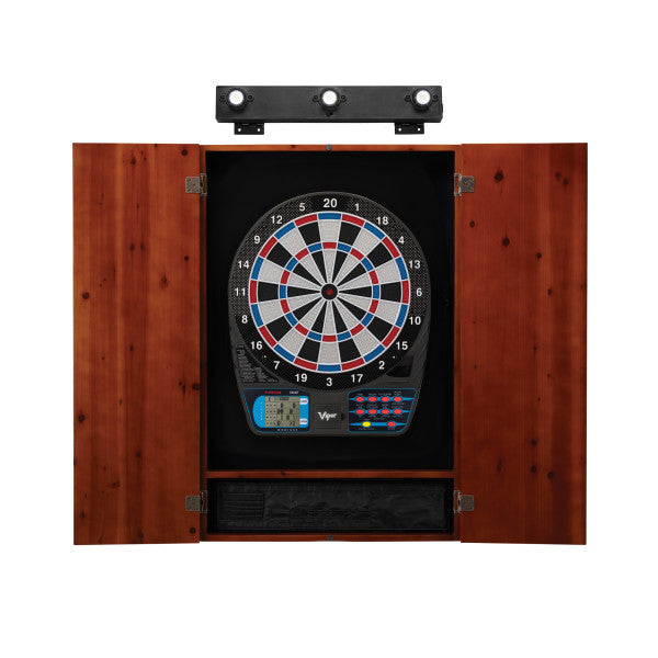 Viper 787 Electronic Dartboard, Metropolitan Cinnamon Cabinet & Shadow Buster Dartboard Light Bundle