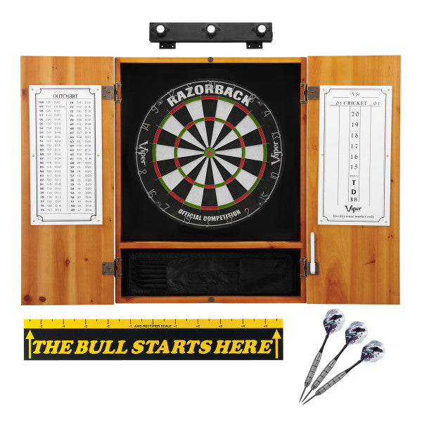 Viper Razorback Sisal Dartboard, Viper Underground Raven Steel Tip Darts 25 Grams, Metropolitan Oak Cabinet, Shadow Buster Dartboard Lights & 